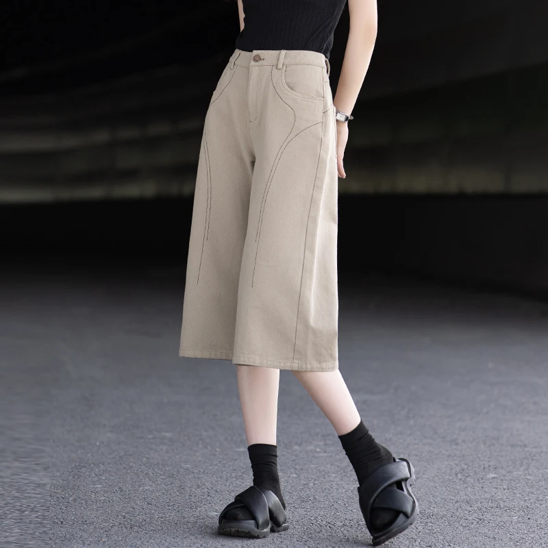 卡其色七分裤阔腿牛仔裤女2025新款夏季薄款短裤女高腰a字直筒裤