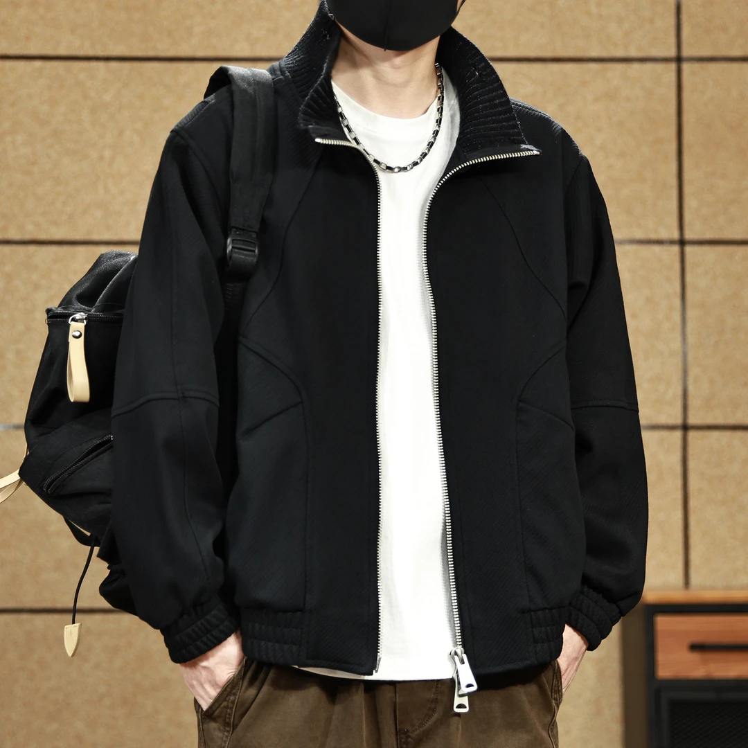 高智通勤风极简斜纹针织半高领开衫外套男士秋季宽松情侣休闲夹克