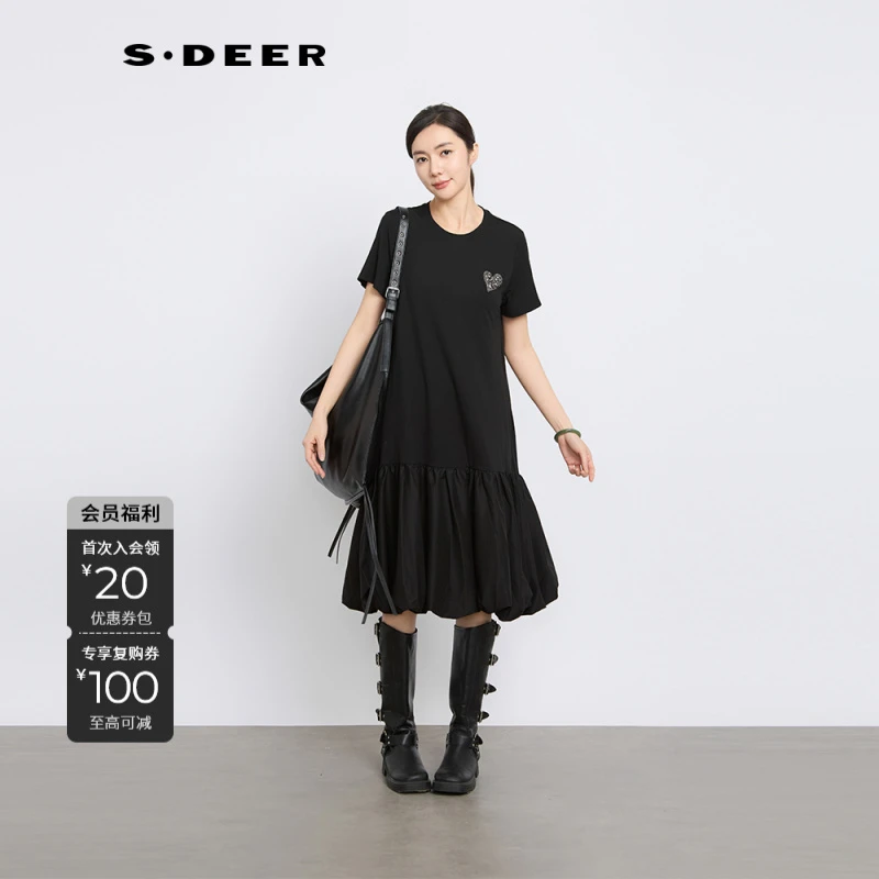 S·DEER圣迪奥女款显瘦时尚休闲女士夏季设计师黑色圆领连衣裙裙子