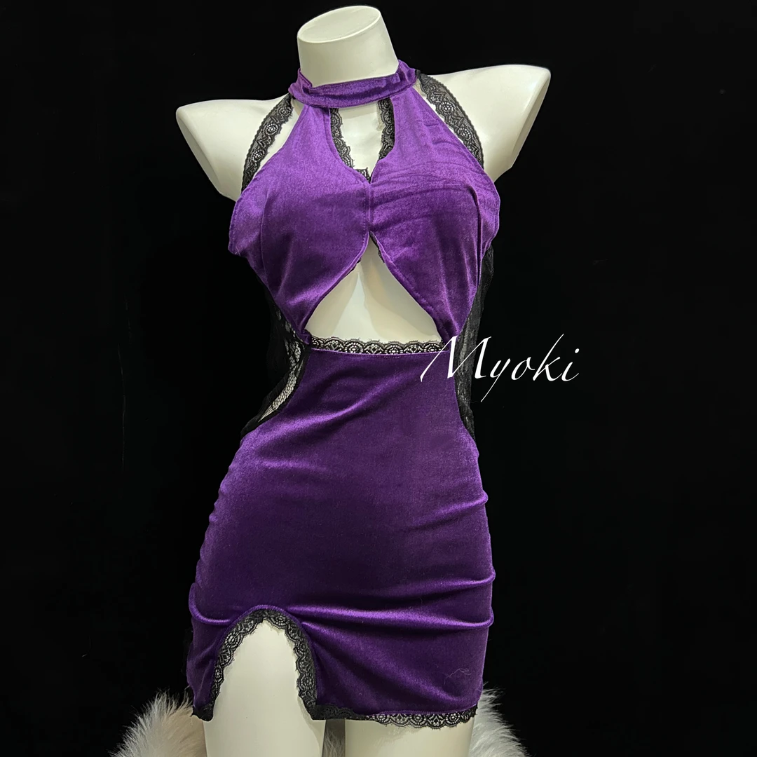 Myoki-【紫色幻想】大雷友好纯欲性感丝绒旗袍包臀瘦腰蕾丝丝绒旗袍