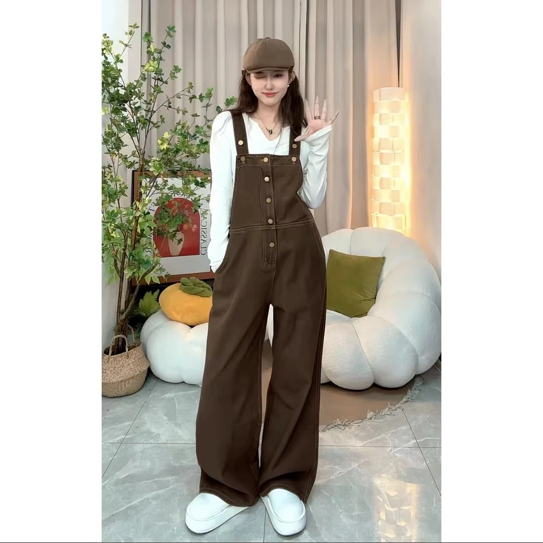 春秋装孕妇套装减龄直筒阔腿孕妇牛仔背带裤+纯色长袖上衣两件套