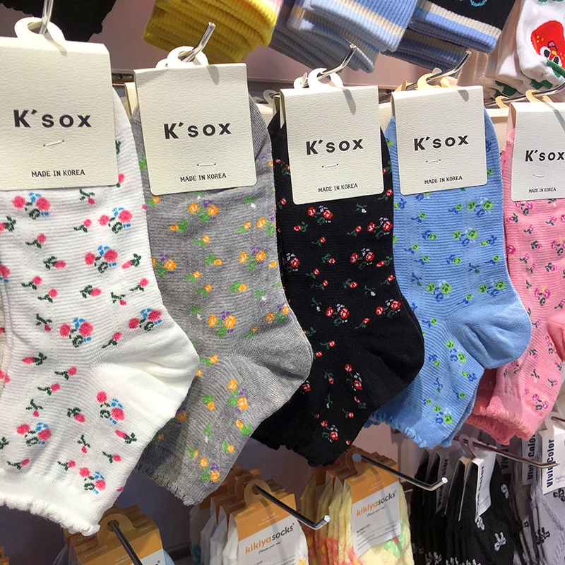 KSOX田园风小碎花女袜中筒韩国进口袜子春夏新款木耳泡泡边女棉袜