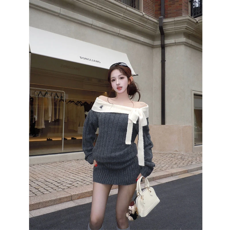 一字肩长袖针织连衣裙女秋冬新款设计感气质辣妹收腰修身包臀短裙