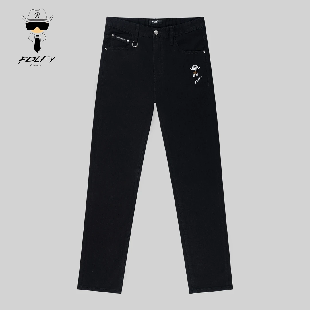 FDLFY老佛爷设计师款夏季水洗牛仔裤直筒休闲弹力修身黑色