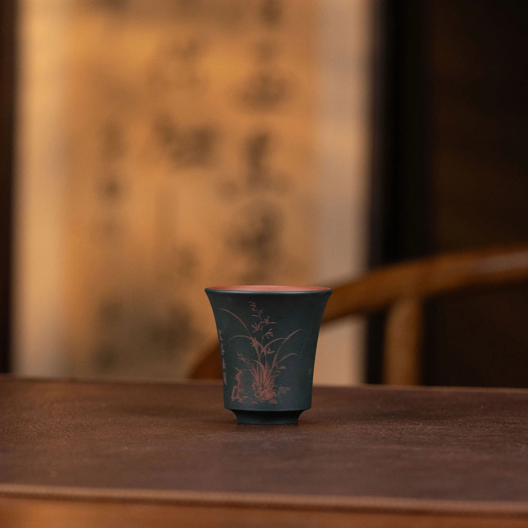 【利贞l梅兰竹菊撇口杯】原矿紫砂70cc手工制宜兴紫砂杯CHTY