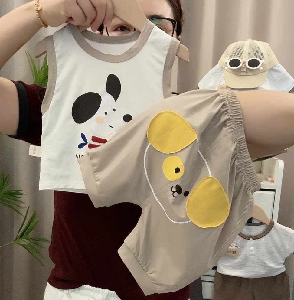 夏季莱赛尔宝宝套装狗狗卡通无袖屁屁套装极简风夏季莱赛尔套装