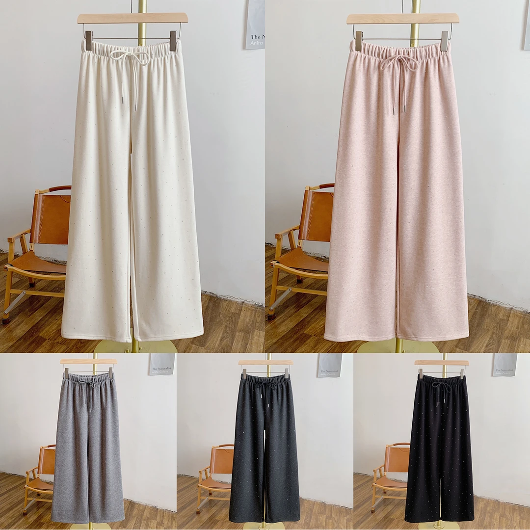 C5093加绒烫钻松紧腰系带阔腿裤