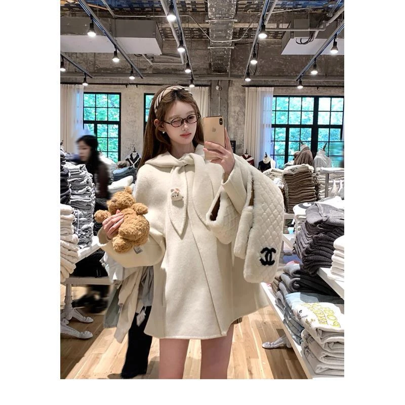 连帽减龄双面呢羊绒大衣女新款韩版兔耳朵毛呢外套