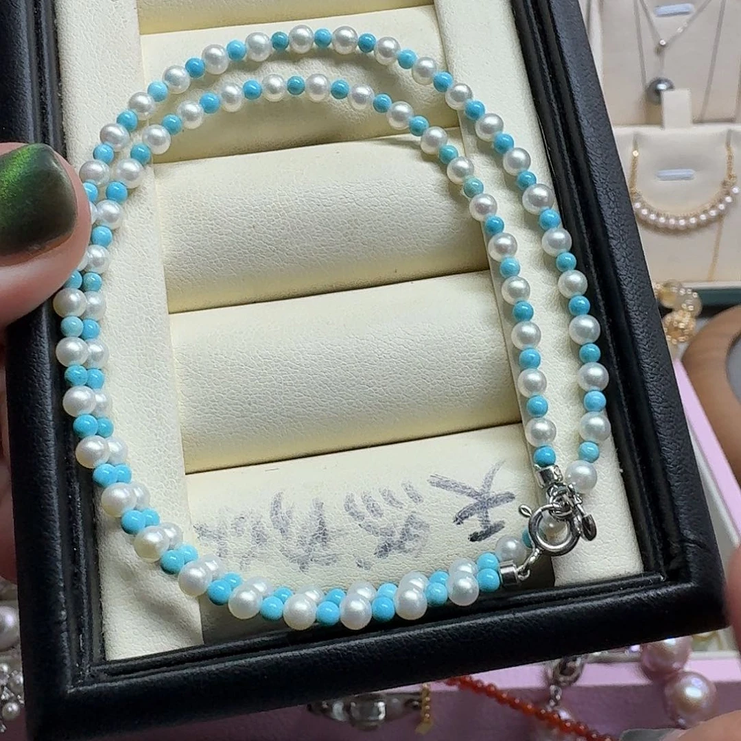 颈饰银S925镶嵌淡水珍珠设计款绿送小米珠项链