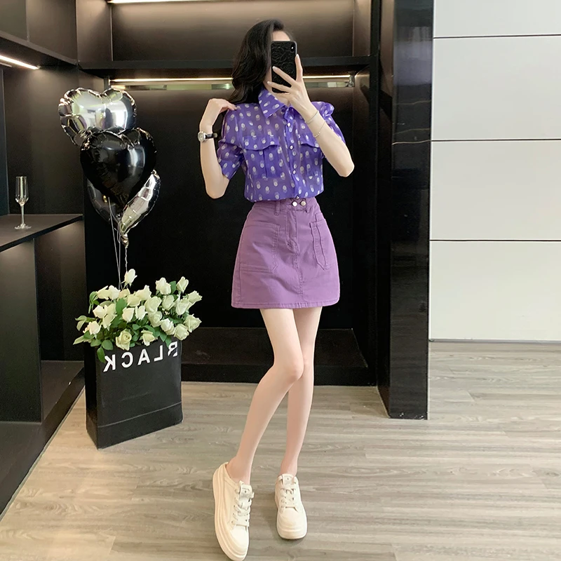 夏装穿搭一整套减龄潮流蓝色波点衬衣牛仔短裙时尚套装裙两件套女