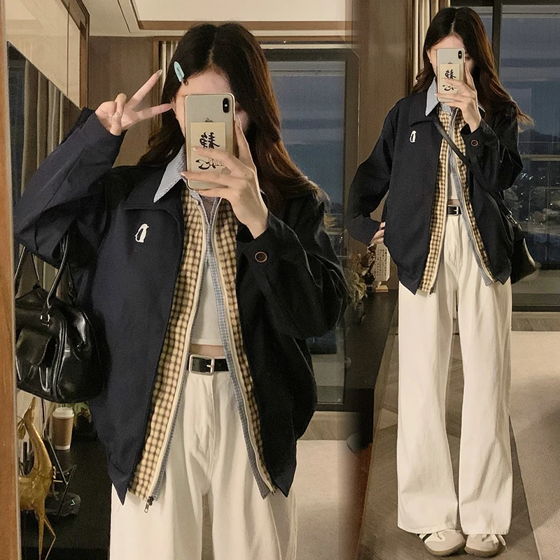 Bei贝贝春装女款秋新款外套美式复古宽松设计感假三件夹克上衣潮