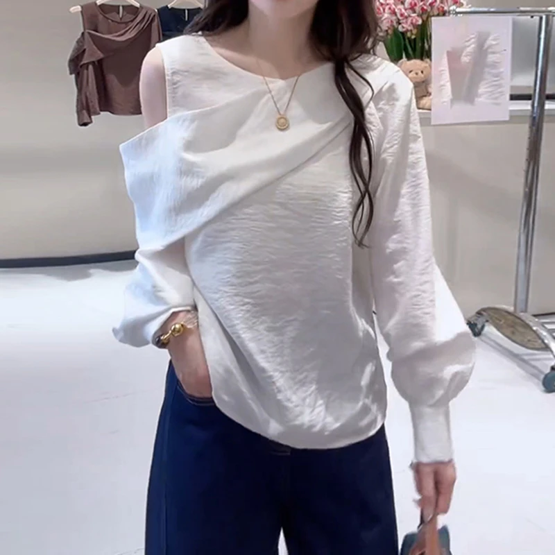 法式气质不规则露肩长袖衬衫女早秋新款轻薄透气减龄洋气百搭上衣