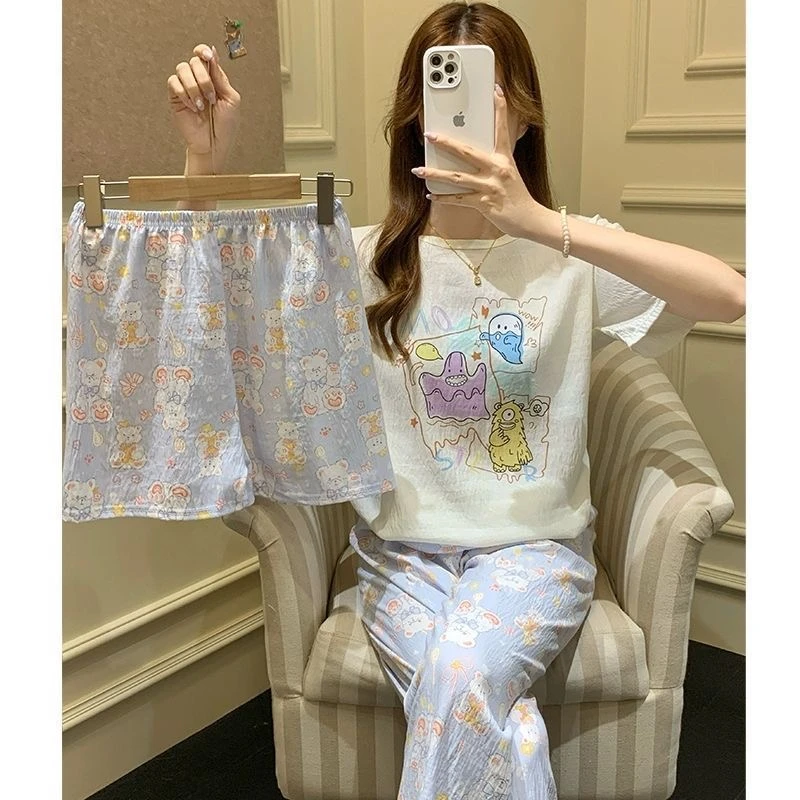 带胸垫云朵棉夏季睡衣女士短袖休闲短裤宽松可外穿卡通女孩家居服