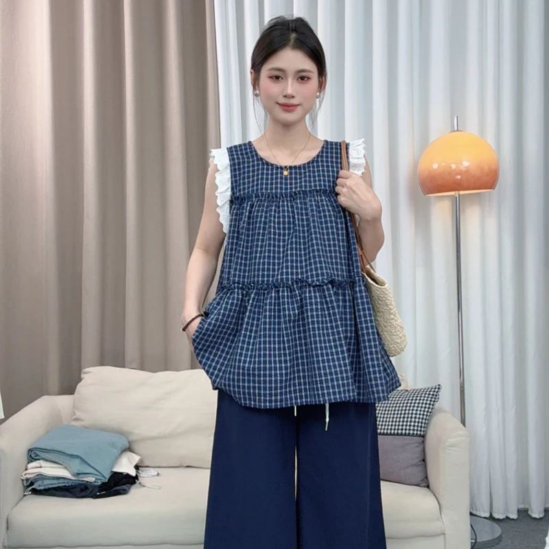 【伊伊】孕妇装2025夏季新款时尚甜美娃娃衫花边拼接格子无袖衬衫
