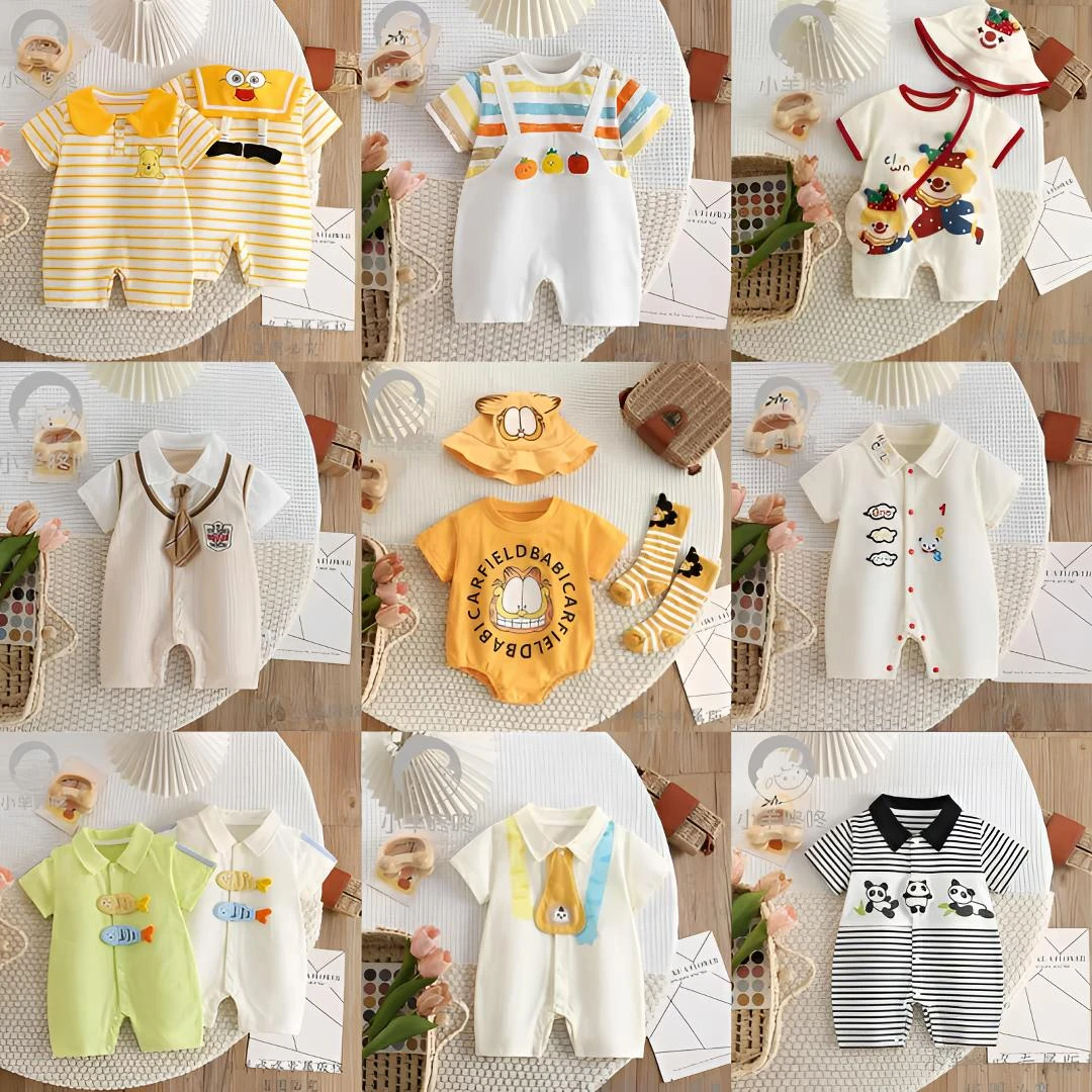 【A】新款宝宝夏季连体短袖纯棉婴幼儿哈衣组合外出爬爬服洋气