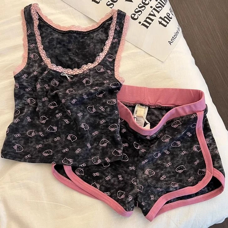 甜酷辣妹卡通Kitty猫吊带睡衣女夏纯欲可外穿背心短裤家居服套装