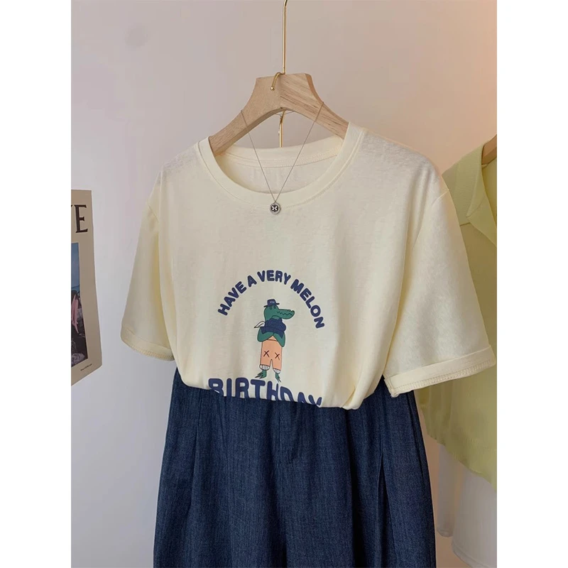 韩系小众宽松oversize短袖T恤女夏季新款大码胖mm200斤雪花棉