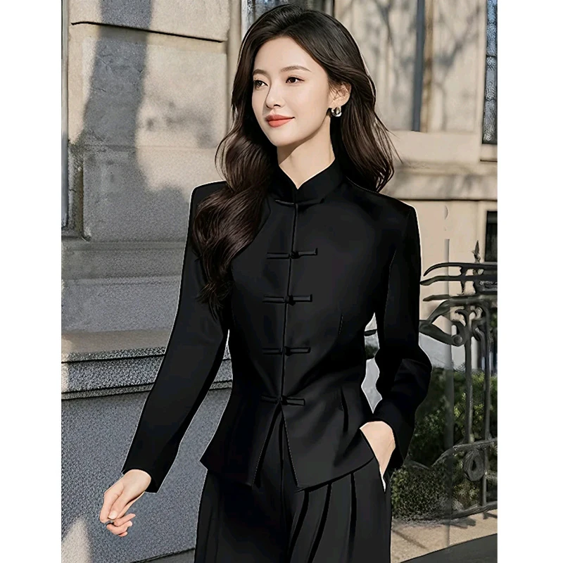 新中式轻国风盘扣上衣2025春夏季黑色休闲裤两件套别致衬衫套装女