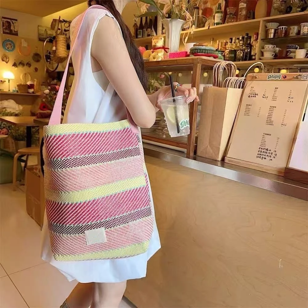 【米果妈】新款条纹托特包时尚百搭编织大容量包B3127
