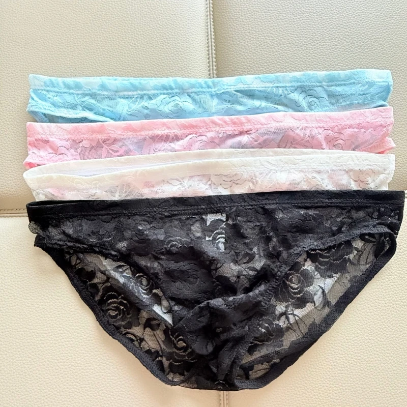 男士蕾丝内裤性感三角短裤薄款透视网纱低腰镂空时尚高级感男裤衩