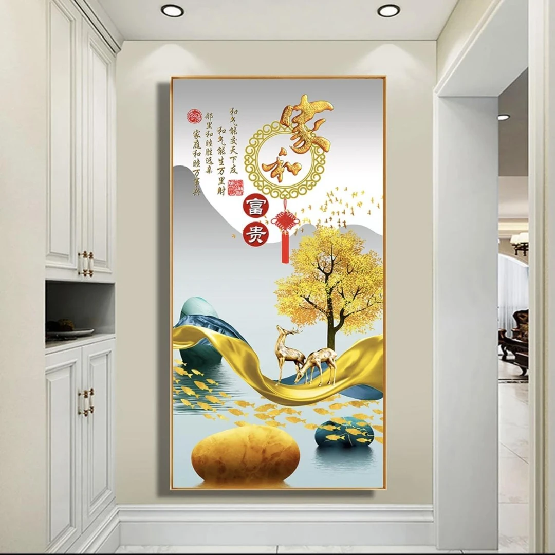 家和富贵入户玄关装饰画轻奢现代麋鹿走廊过道竖版挂画客厅对门画