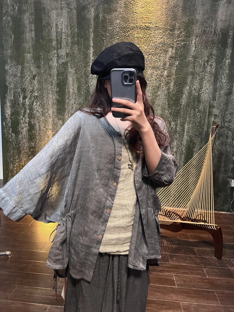 MX729衣长75 胸围140 夏季色织苎麻圆领设计感女开衫薄款衬衫