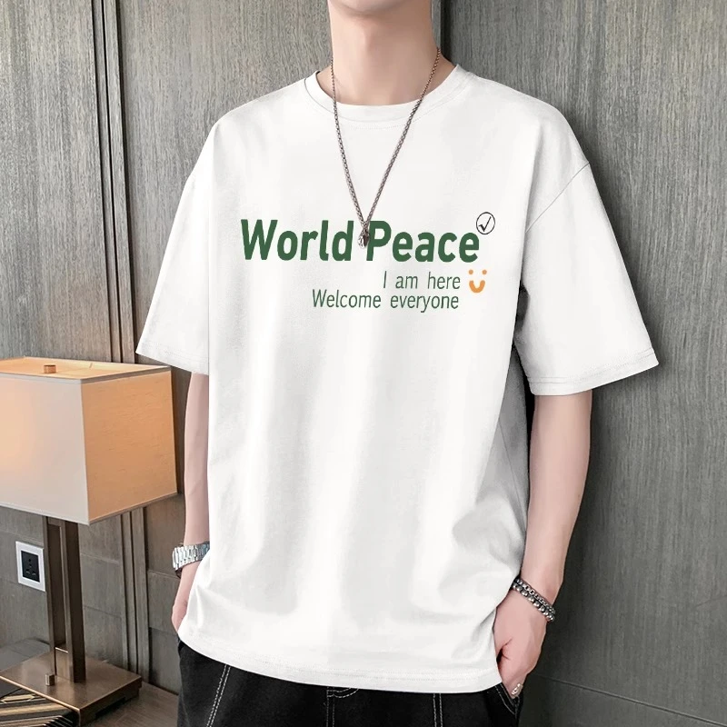 纯棉男士短袖上衣t恤夏季潮流宽松半袖体恤圆简约大码领字母印花t