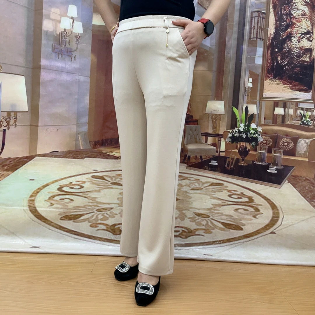 2025妈妈裤子夏季新款高腰宽松弹力休闲直筒裤松紧腰中老年女长裤