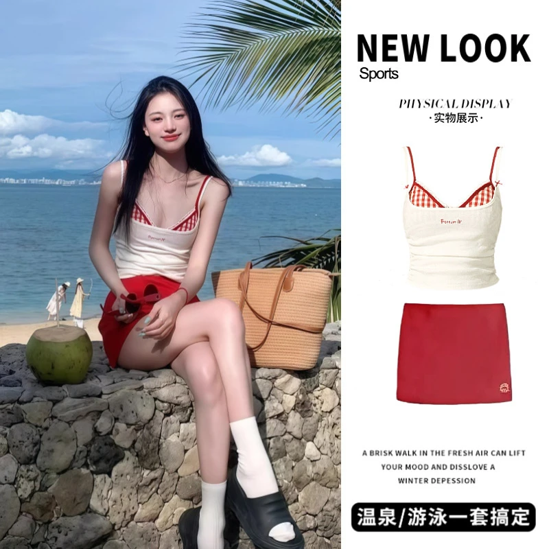 泳衣女款韩系刺绣字母分体比基尼四件套性感纯欲风温泉度假游泳衣