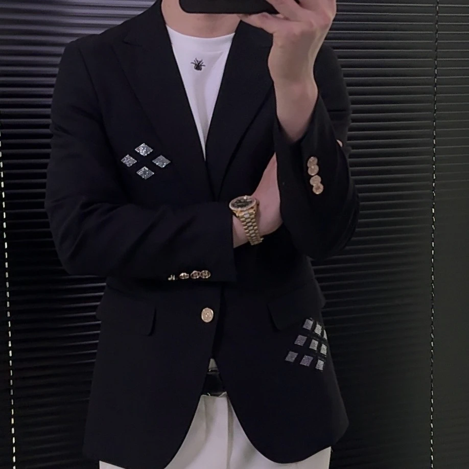 修身水洗痞帅男装西服上装小西服平驳领烫钻长款休闲韩版