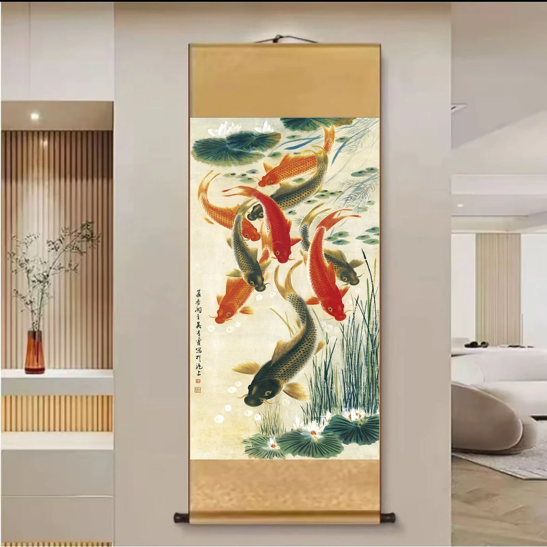A64精装140*45《九鱼图》中式数字微喷立式挂画卷轴画