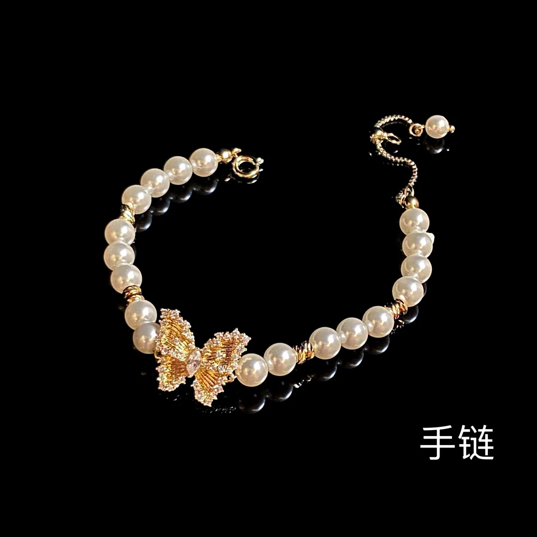 铜合金仿珍珠手链 镀K金 蝴蝶 精致手链S865