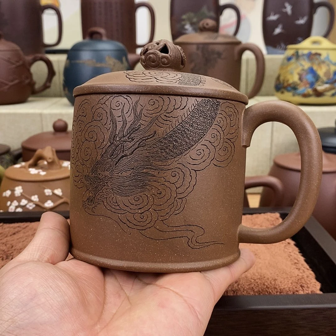 紫砂茶杯游龙老段泥盖杯
