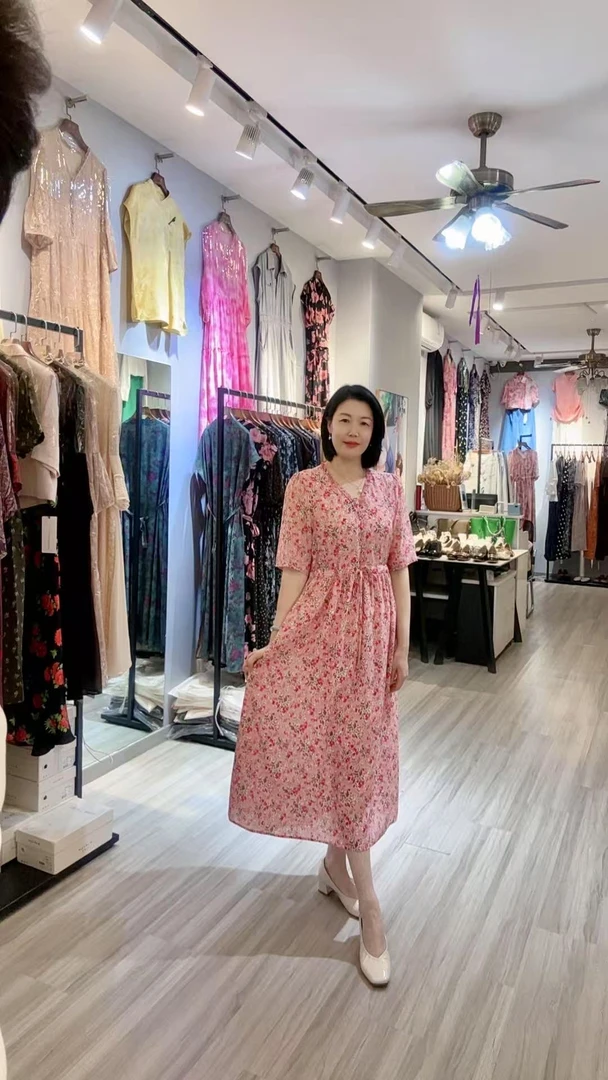 桑蚕丝夏季V领气质短袖抽绳简约显瘦连衣裙