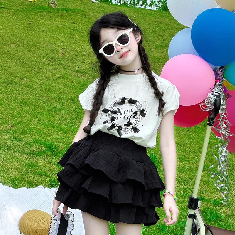 女童上衣夏薄款2025新款大童女孩超好看韩系短袖t恤儿童裙子套装