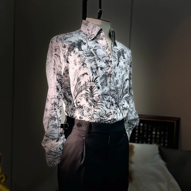 丛林棉质一片领男式修身长袖衬衫