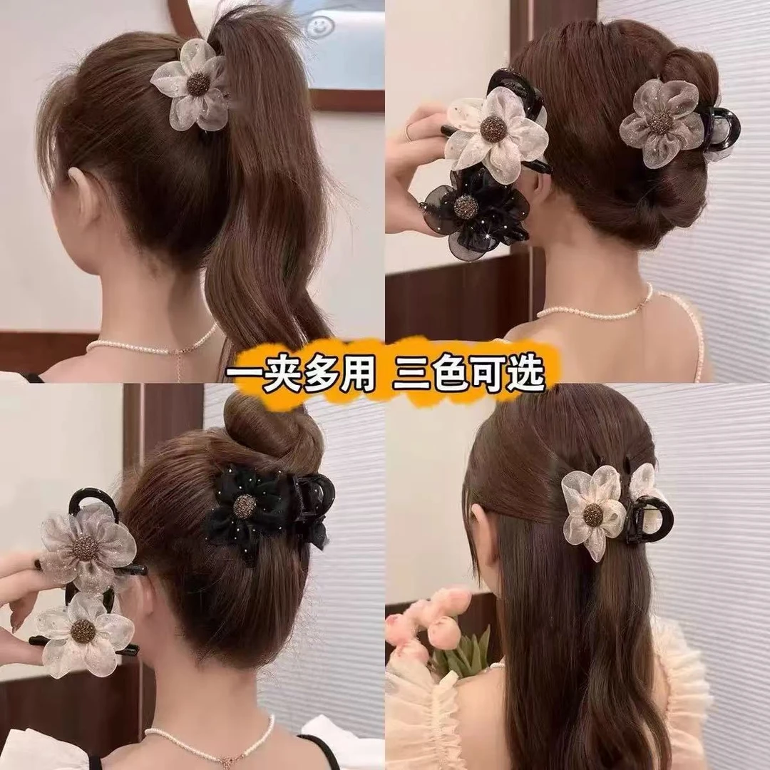 【鸿胜】钻花朵抓夹女2025新款马尾夹后脑勺鲨鱼夹半扎发夹头饰