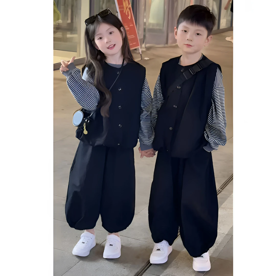 儿童秋季套装新款韩版男童洋气兄妹马甲T恤束脚裤姐弟装童装