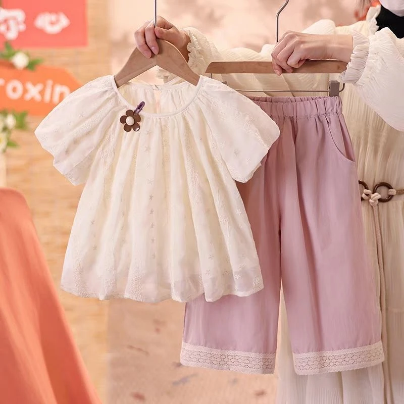 女童立体花朵时尚套装2025夏季儿童薄款潮流短袖上衣阔腿裤两件套