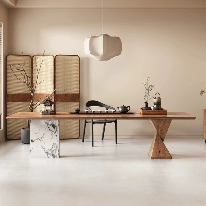 侘寂风意式岩板茶桌轻奢客厅茶室设计师实木茶台民宿简约原木书桌