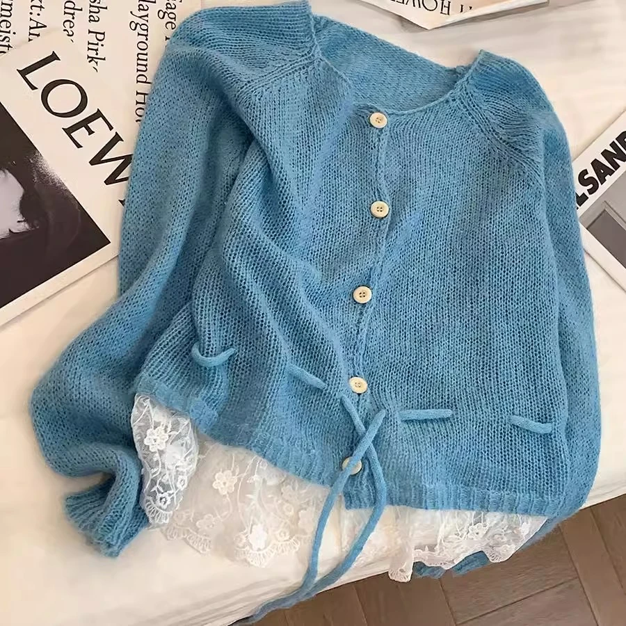 韩系甜美减龄拼接收腰针织开衫小个子2025春季气质显瘦针织上衣