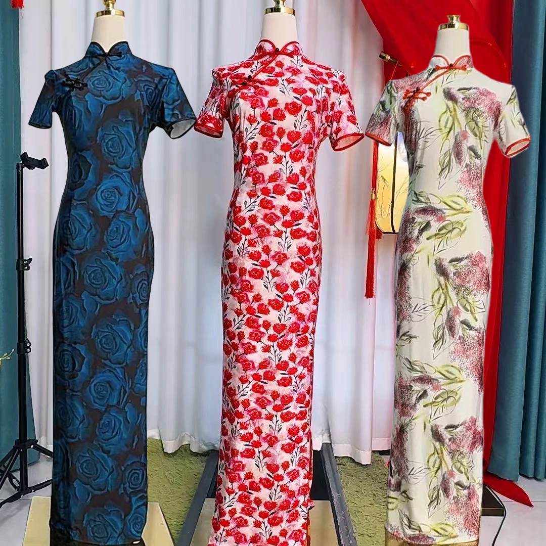 2025年日常时尚新款弹力旗袍夏季妈妈长款新中式旅游走秀连衣裙