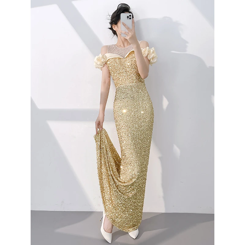 高端晚礼服女高级感宴会气质轻奢小众金色绝美爆闪主持人亮片鱼尾