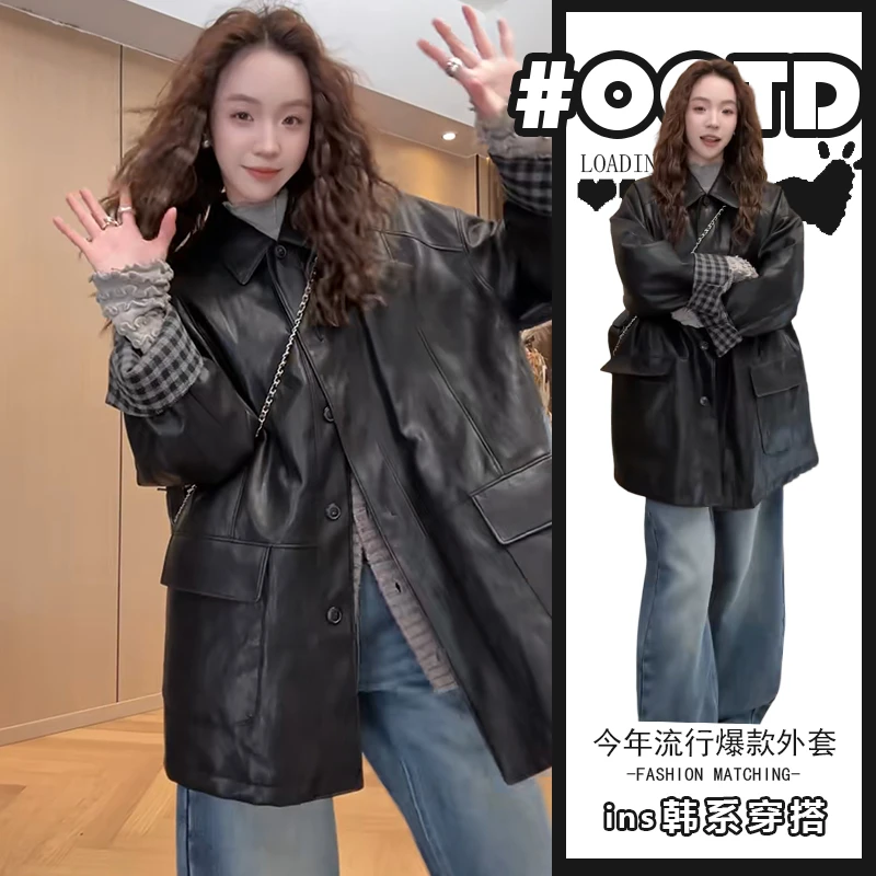 美式别致显气质宽松百搭pu皮开衫女秋冬新款酷女孩机车款皮外套潮