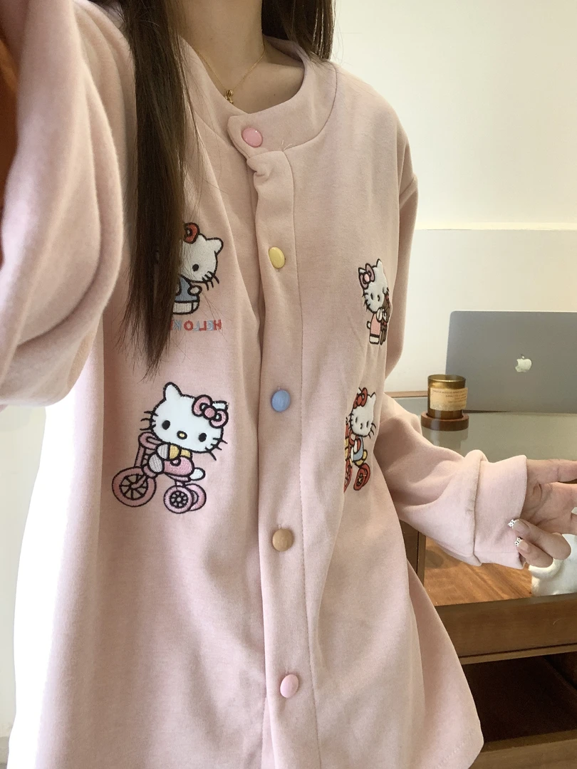 韩系hellokitty刺绣少女睡衣女秋冬羊绒加厚保暖带胸垫家居服套装
