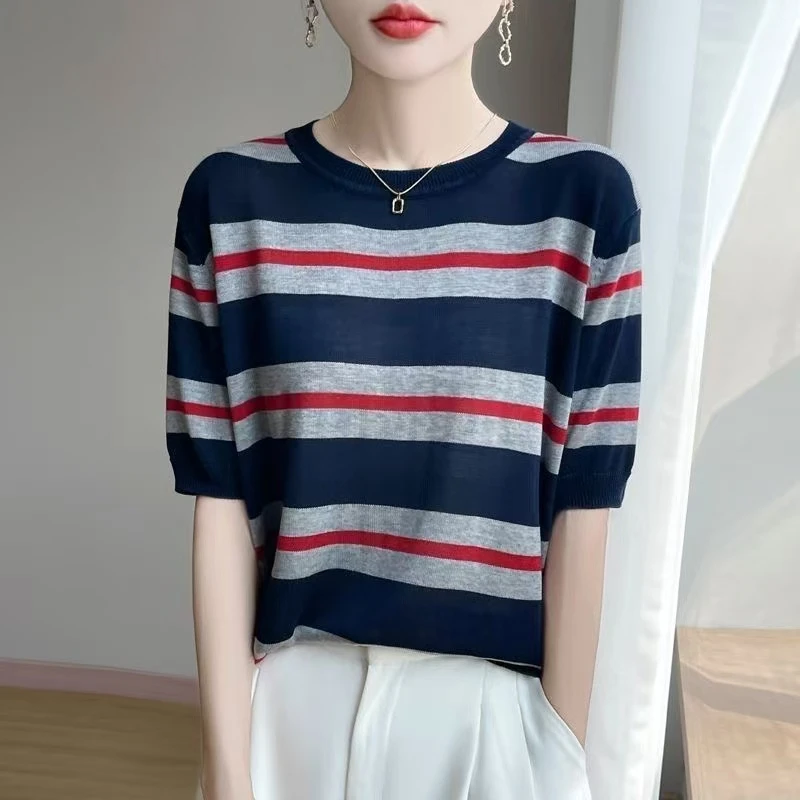 高端显瘦条纹圆领短袖女夏季新款100%天丝针织背心T恤衫半袖上衣