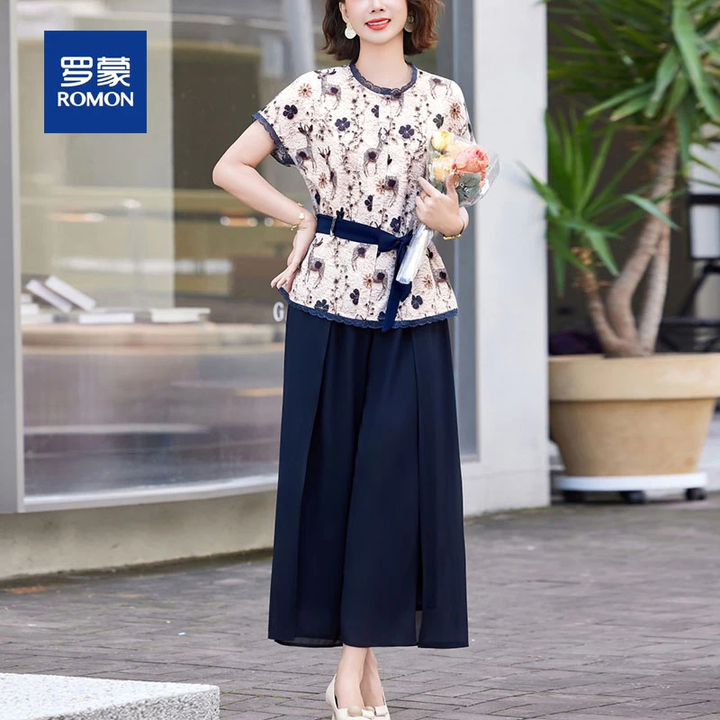罗蒙时尚妈妈夏装2025新款洋气中老年女装法式碎花小衫阔腿裤套装