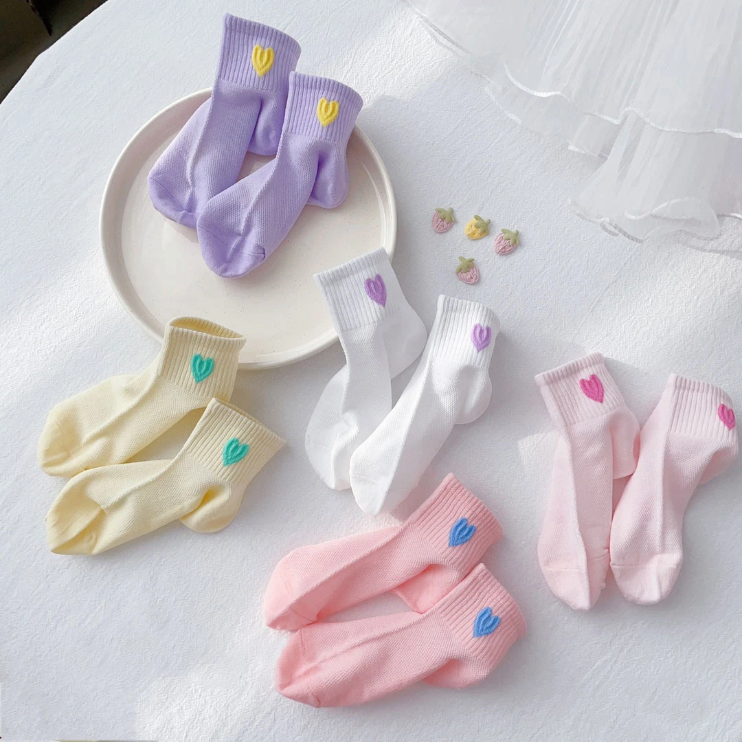 【现货5双网眼夏款】儿童袜子棉袜女童爱心童袜儿童中筒袜薄款