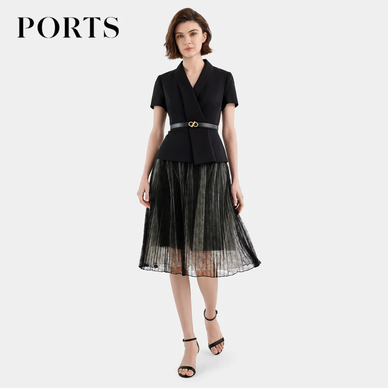 PORTS宝姿女装时尚气质百搭通勤优雅设计感V领短袖连衣裙