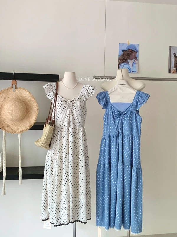 建筑波点法式高腰夏季V领连衣裙时尚长裙无袖夏装宽松